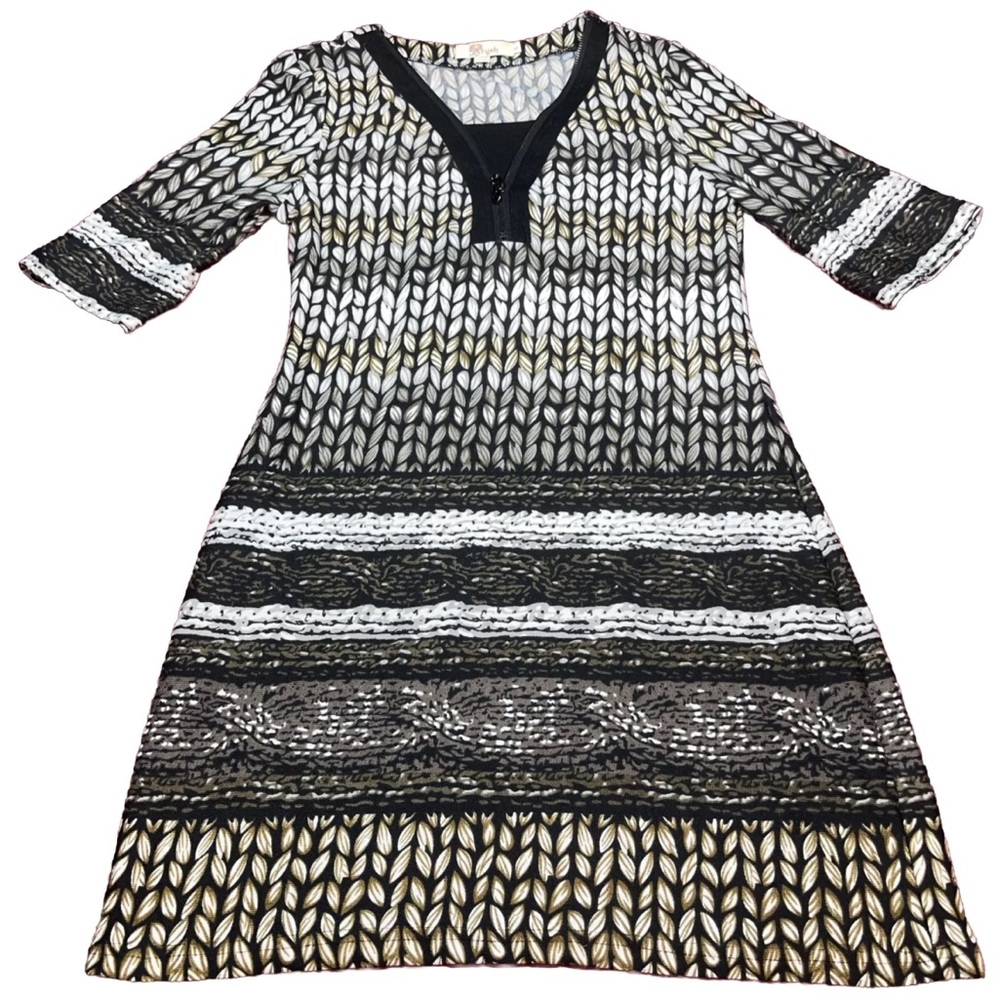 Anthropologie Aryeh black Sweater Dress Brown Boho VNeck Roll Tab 3/4 Sleeve Lg